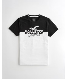 Hollister Black And White Split Logo  Applique Graphic Tee